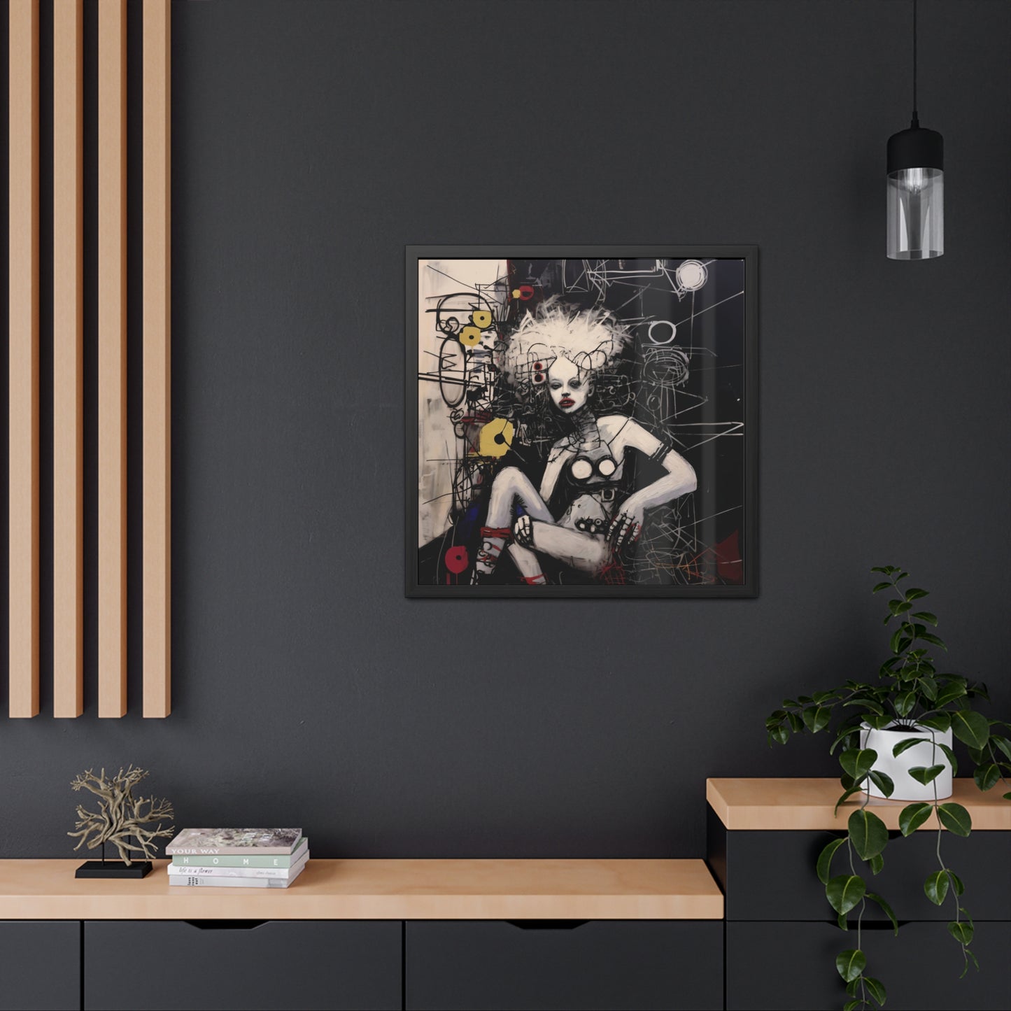 Avant-Garde Cyberpunk Neuromancer Woman Art Print - Abstract White on Black with Yellow and Red Accents - Modern Futuristic Wall Art