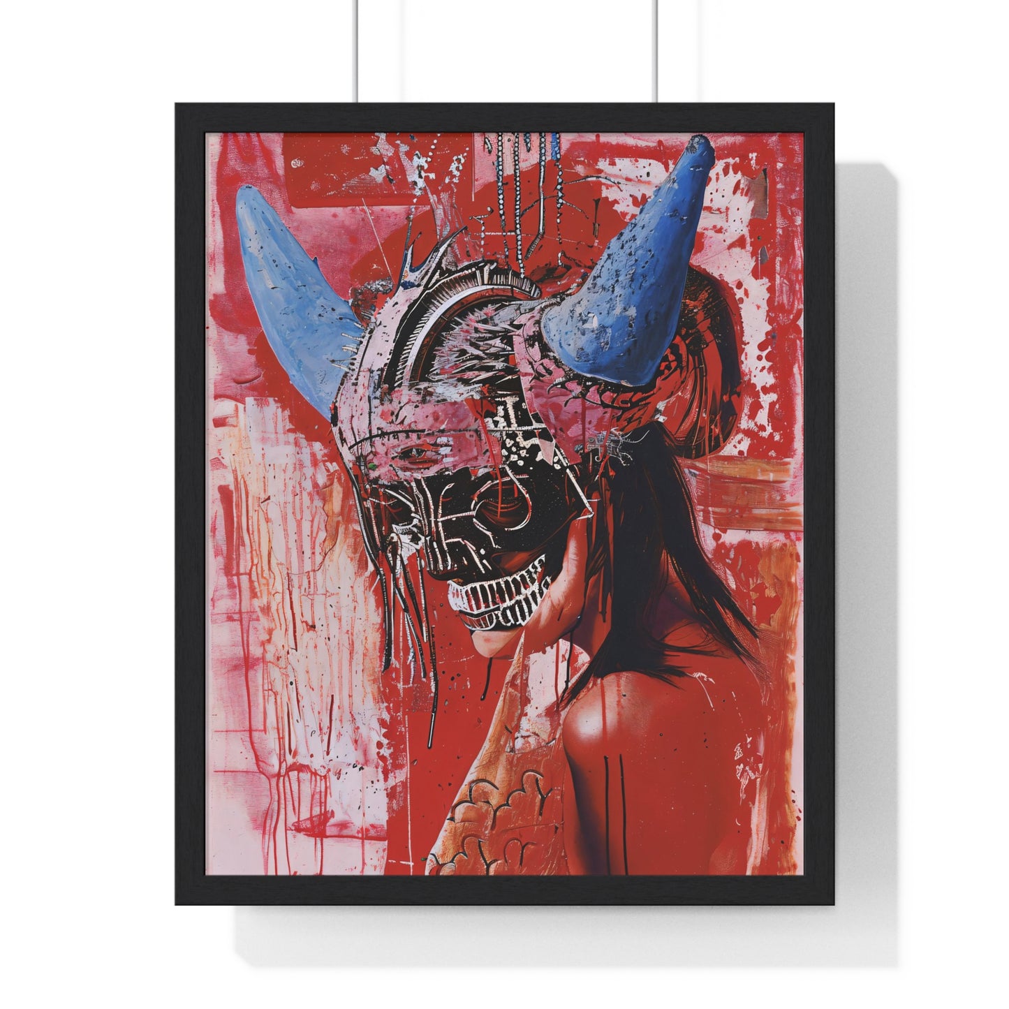 Dark Abstract Skeleton with Blue Horns - Edgy Dripping Paint Skull Art - Pink Accents in Black & White - Badass Wall Decor - Framed Print