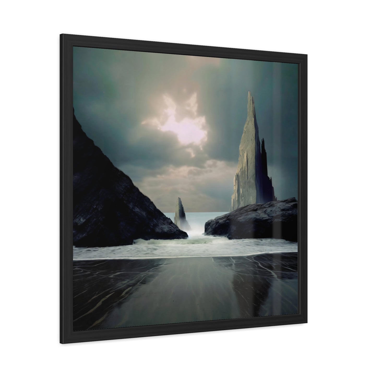 Ocean and Mountain Rocks Landscape Print - Cloudy Day Seascape Wall Art - Square Nature Print - Available in Multiple Sizes