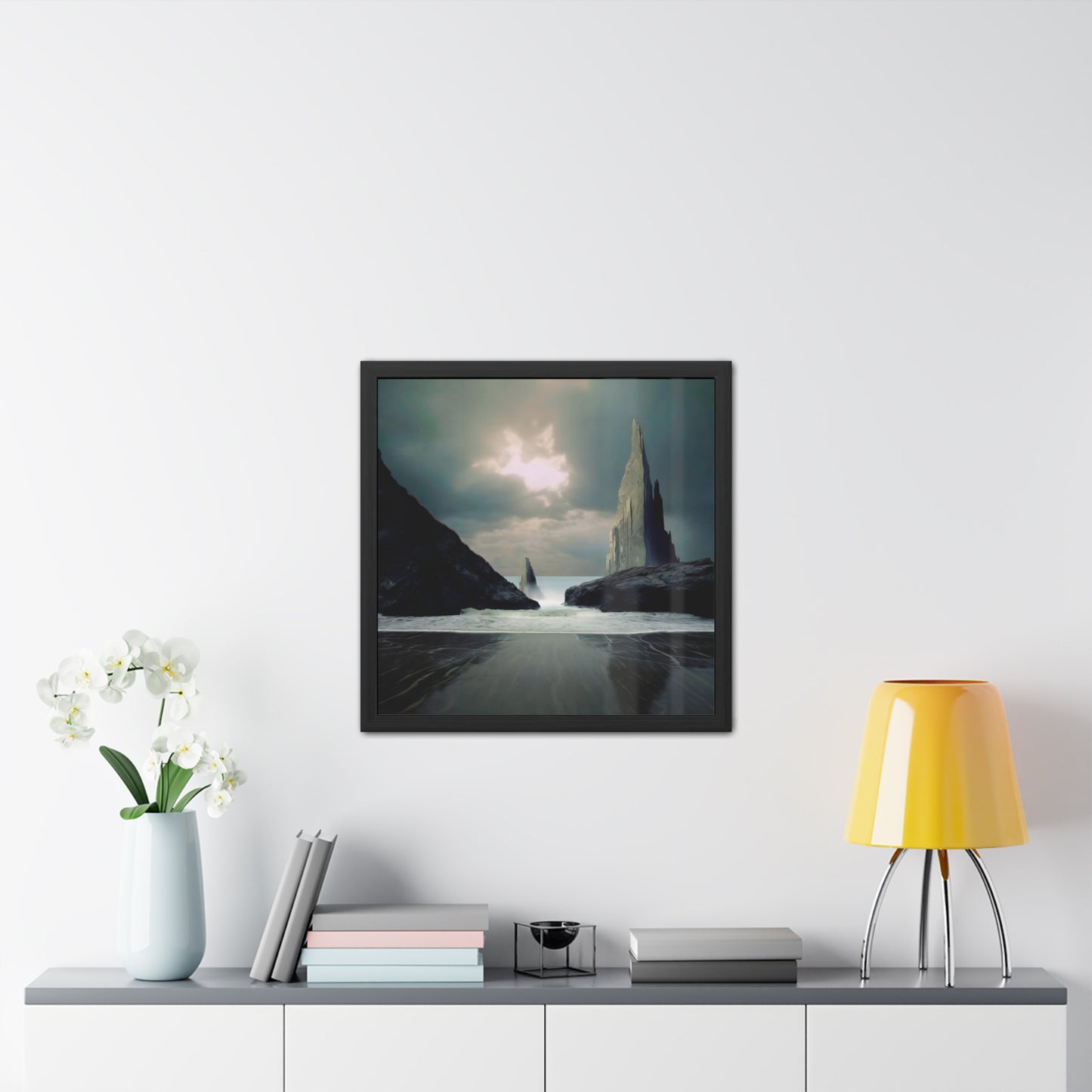 Ocean and Mountain Rocks Landscape Print - Cloudy Day Seascape Wall Art - Square Nature Print - Available in Multiple Sizes