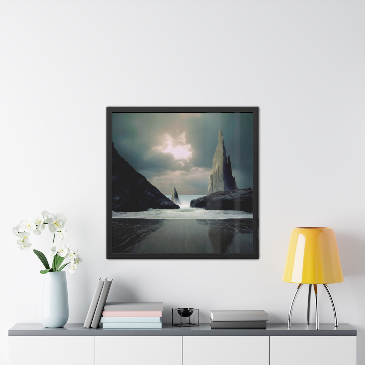 Ocean and Mountain Rocks Landscape Print - Cloudy Day Seascape Wall Art - Square Nature Print - Available in Multiple Sizes