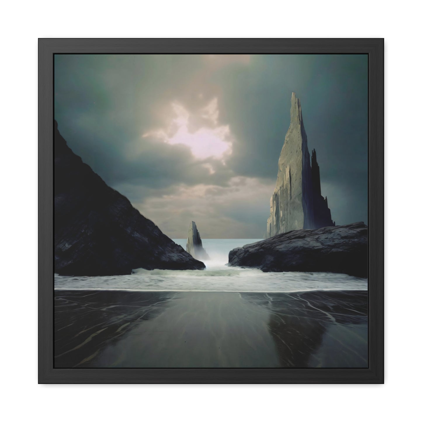 Ocean and Mountain Rocks Landscape Print - Cloudy Day Seascape Wall Art - Square Nature Print - Available in Multiple Sizes