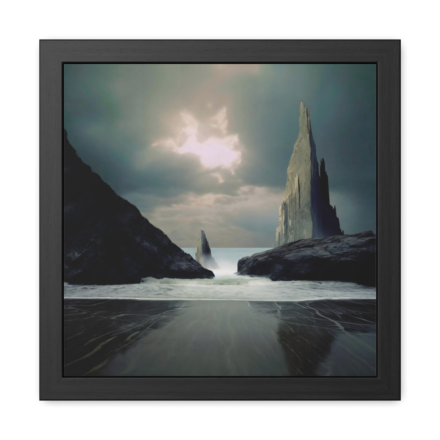 Ocean and Mountain Rocks Landscape Print - Cloudy Day Seascape Wall Art - Square Nature Print - Available in Multiple Sizes