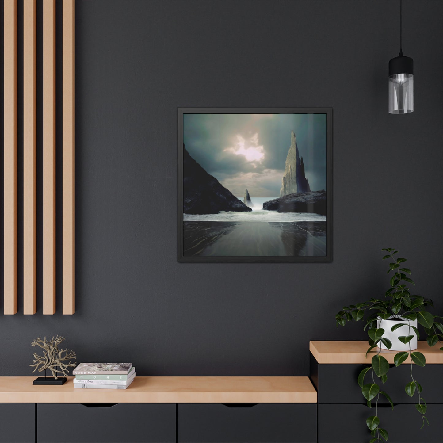 Ocean and Mountain Rocks Landscape Print - Cloudy Day Seascape Wall Art - Square Nature Print - Available in Multiple Sizes