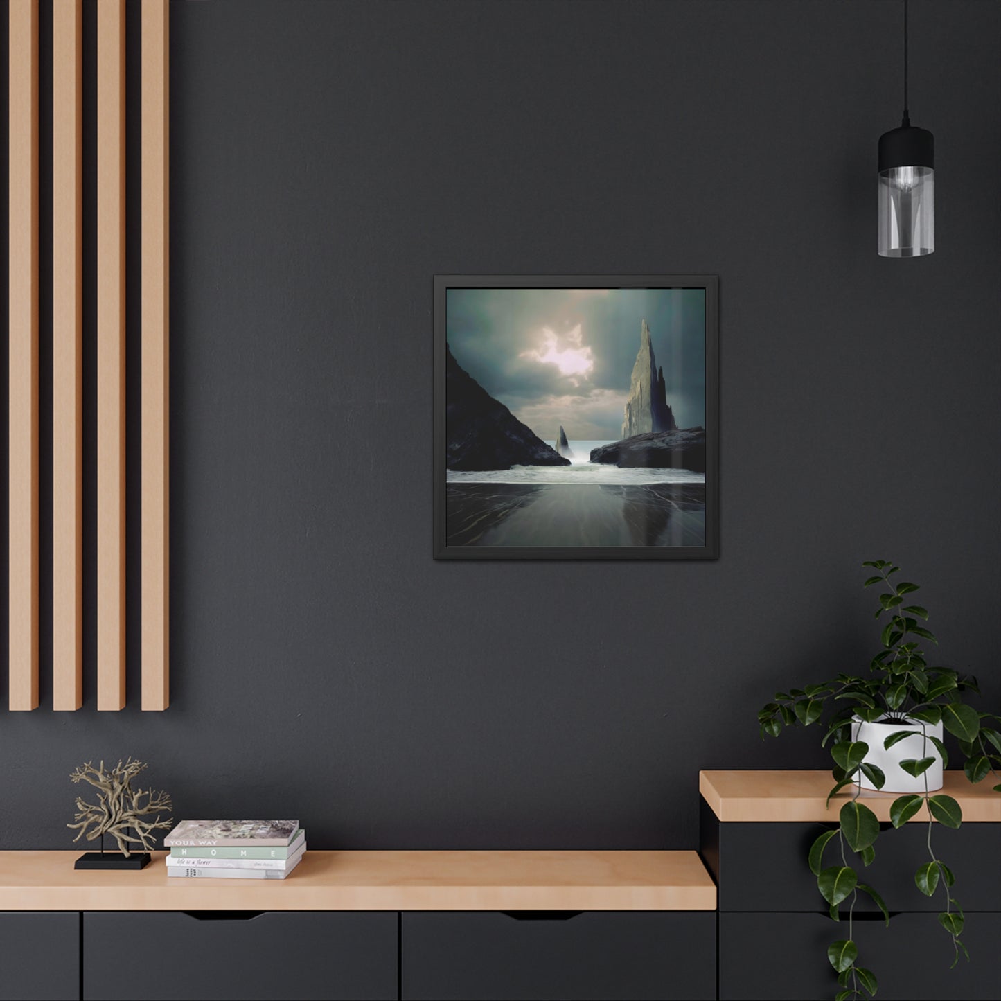 Ocean and Mountain Rocks Landscape Print - Cloudy Day Seascape Wall Art - Square Nature Print - Available in Multiple Sizes