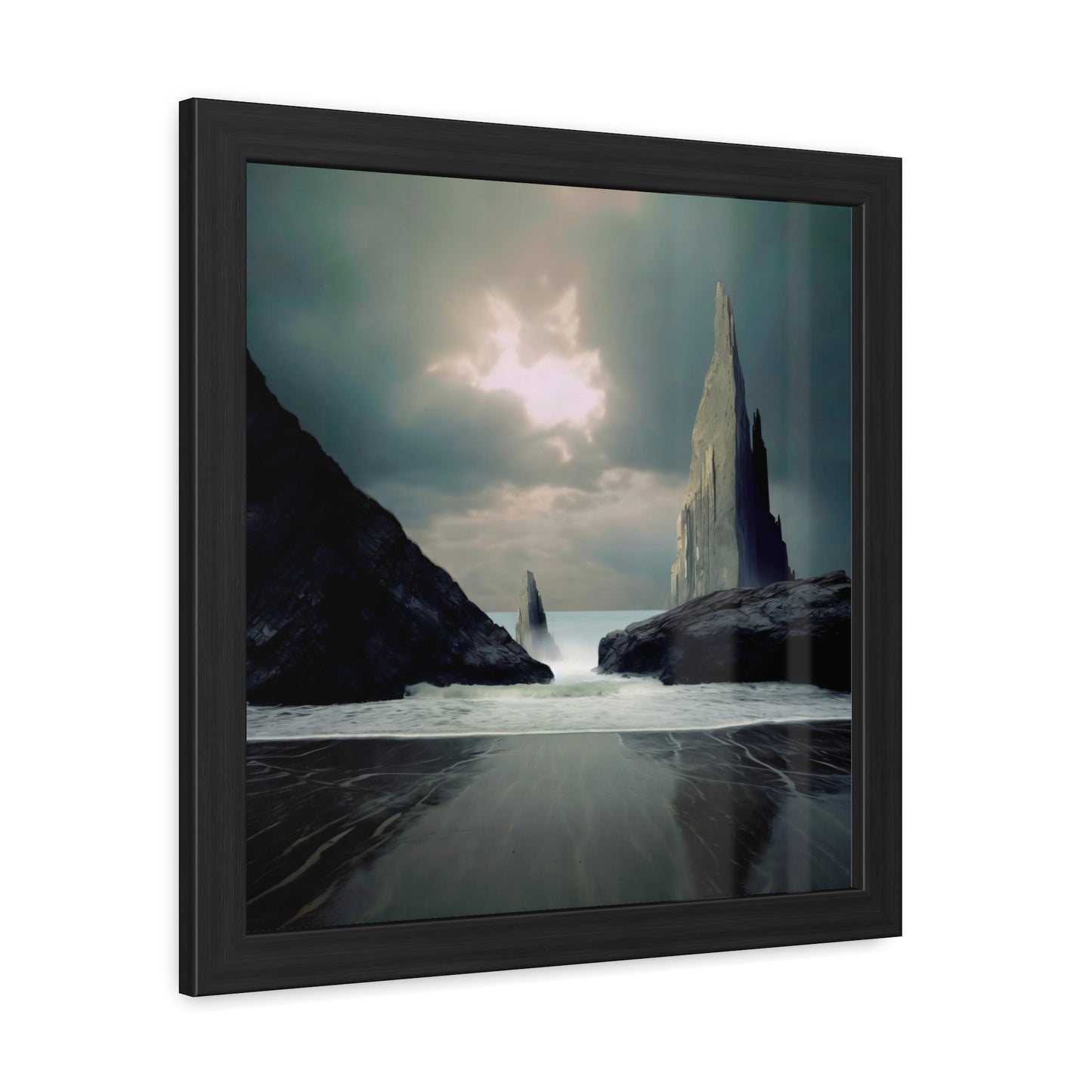 Ocean and Mountain Rocks Landscape Print - Cloudy Day Seascape Wall Art - Square Nature Print - Available in Multiple Sizes