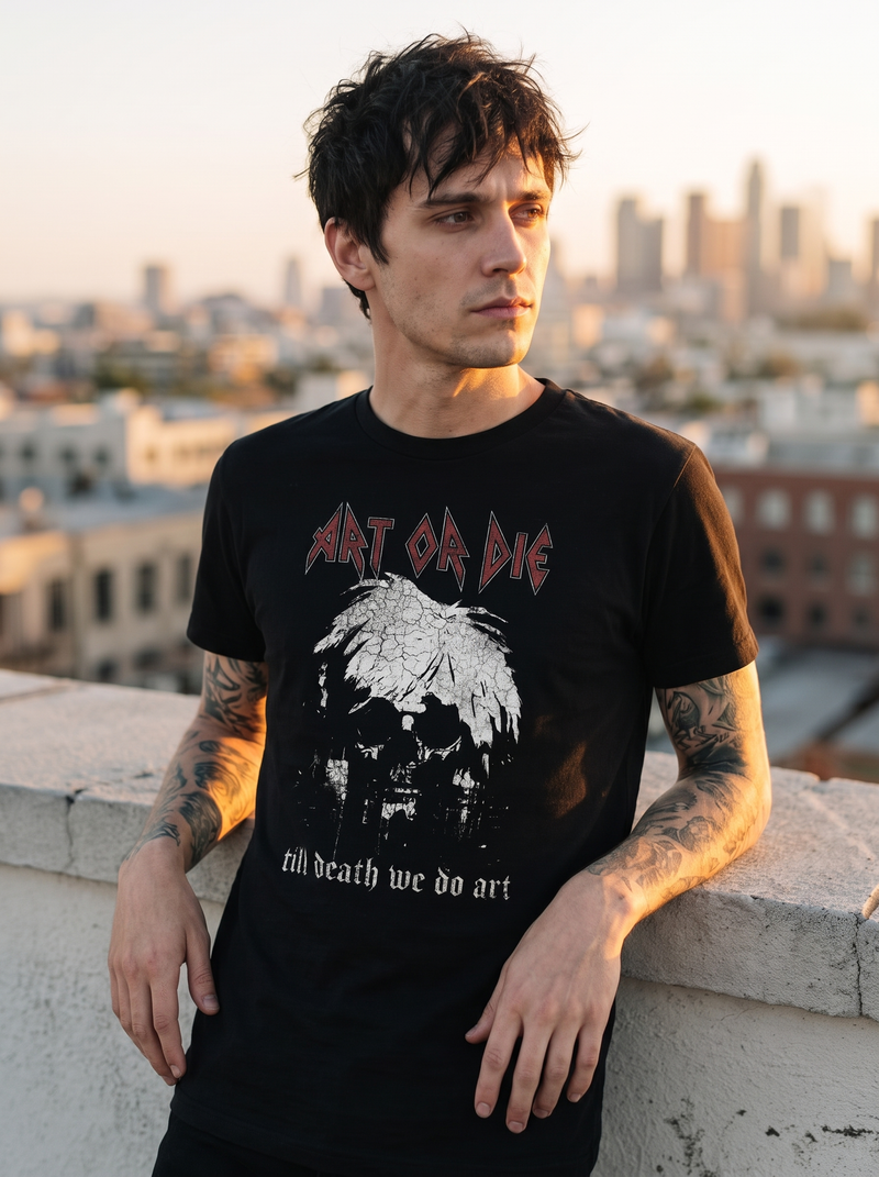 Male model wearing the Art Or Die — Till Death regular-fit tee on an LA rooftop at golden hour