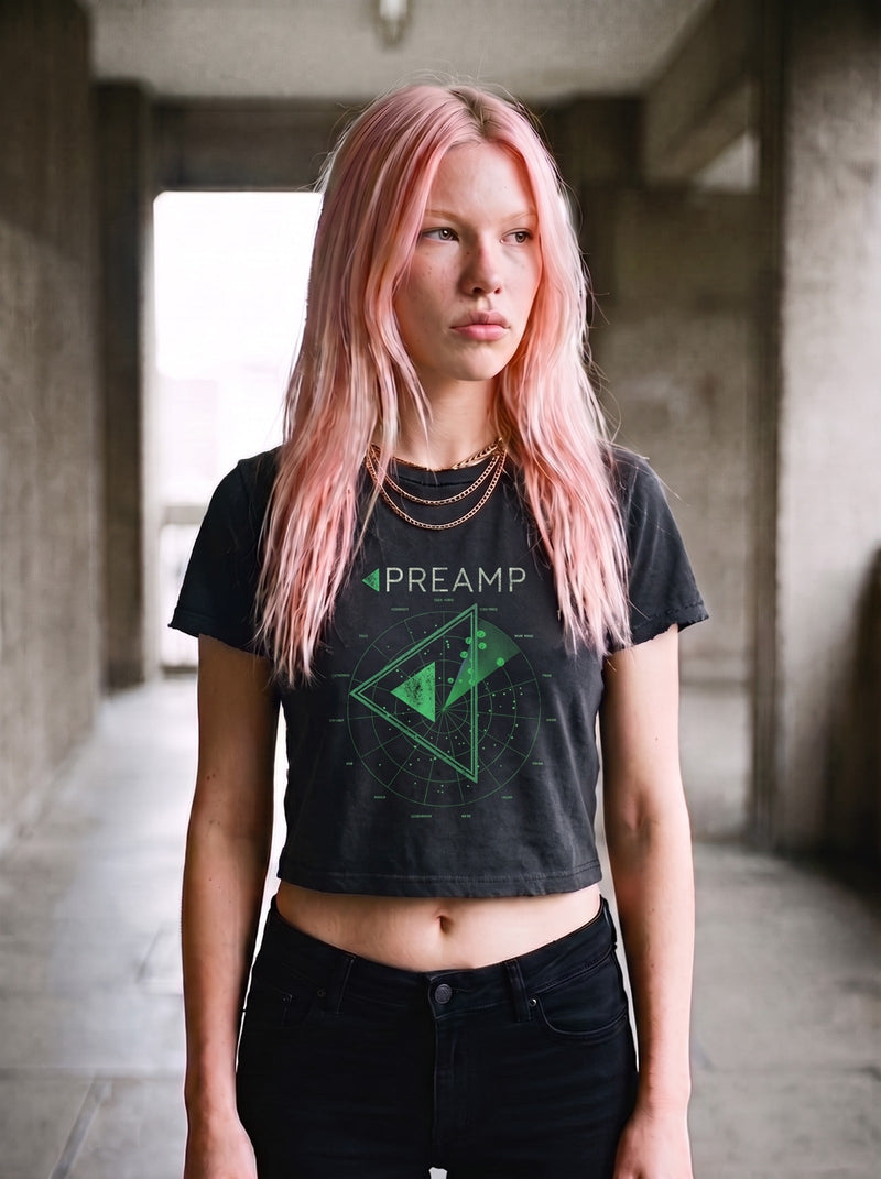 Preamp Radar Wordmark Baby Tee on Indy, brutalist corridor