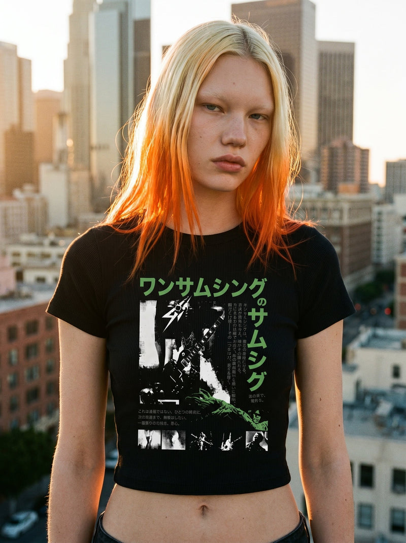 Gishiki baby tee on model, rooftop — On Something
