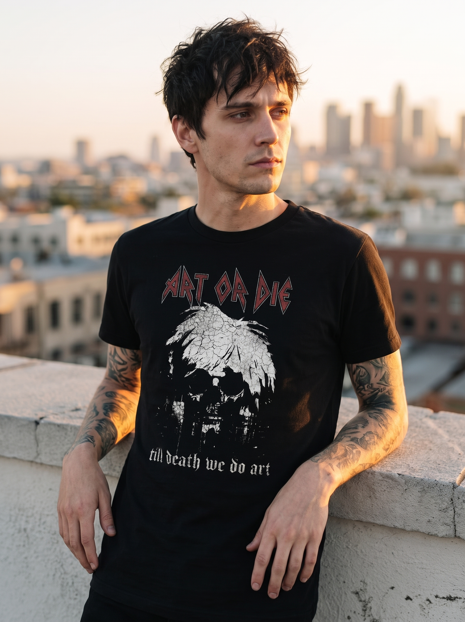 Male model wearing the Art Or Die — Till Death regular-fit tee on an LA rooftop at golden hour