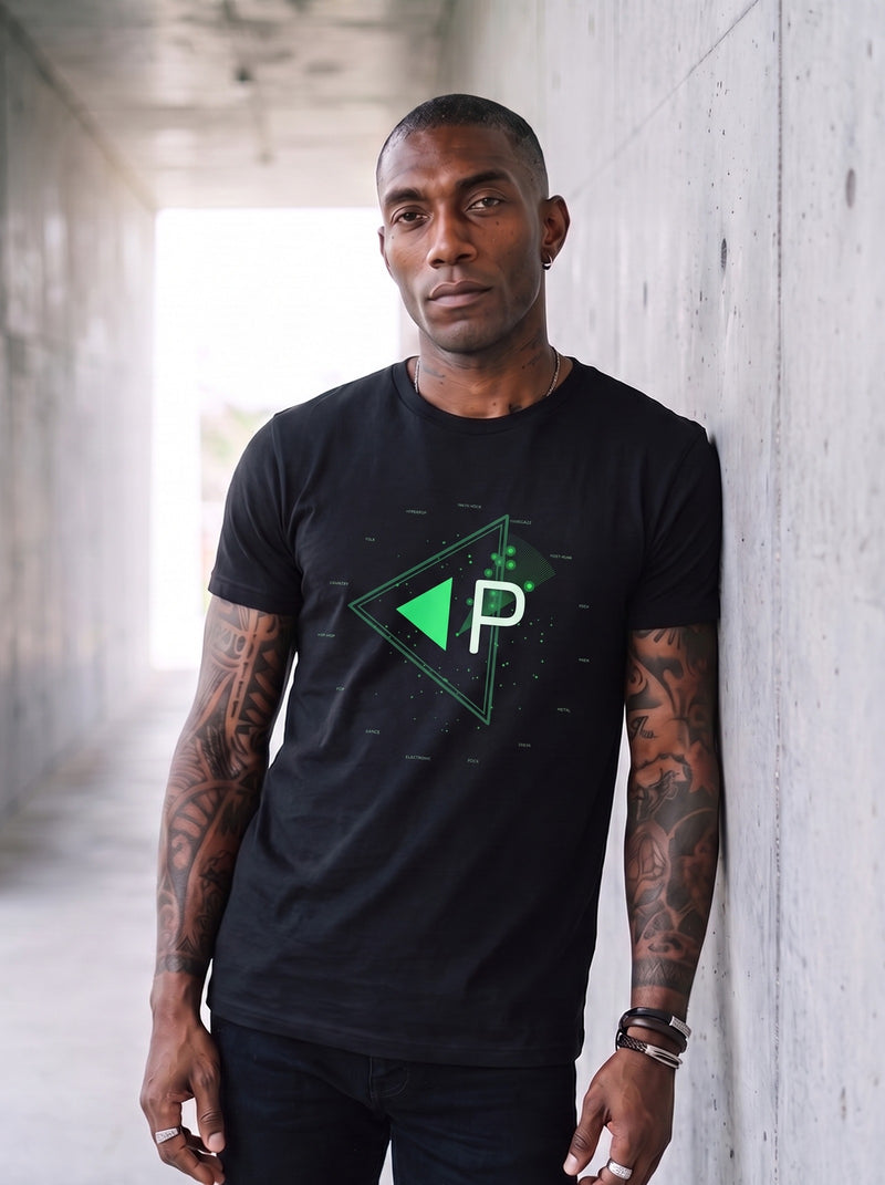 Preamp Radar Tee on Miles, brutalist corridor