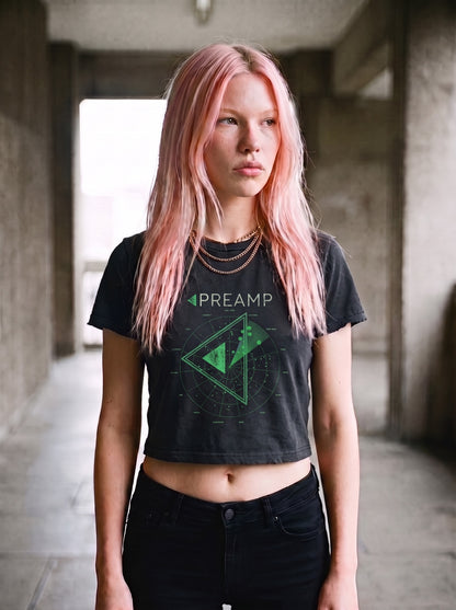 Preamp Radar Wordmark Baby Tee on Indy, brutalist corridor