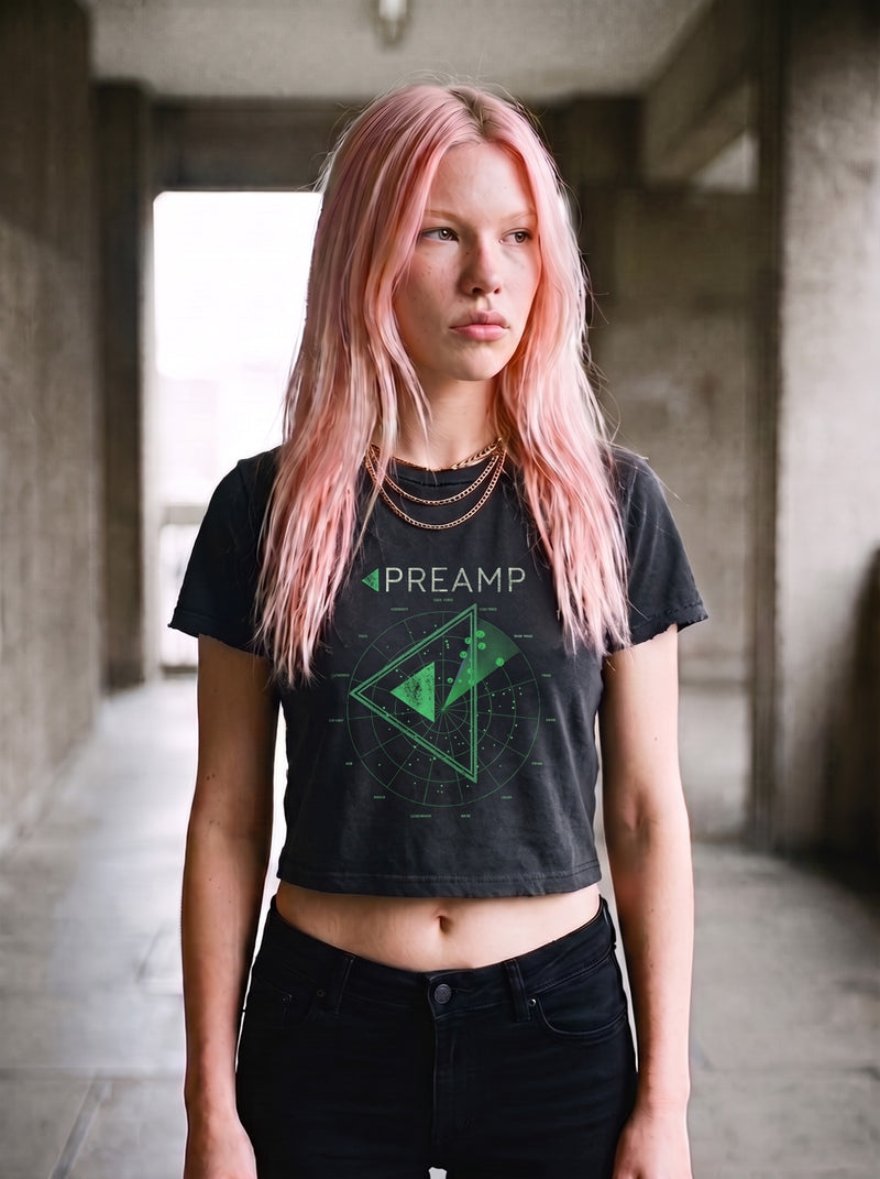 Preamp Radar Wordmark Baby Tee on Indy, brutalist corridor