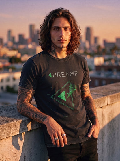 Preamp Radar Wordmark Tee on Marc, rooftop at golden hour